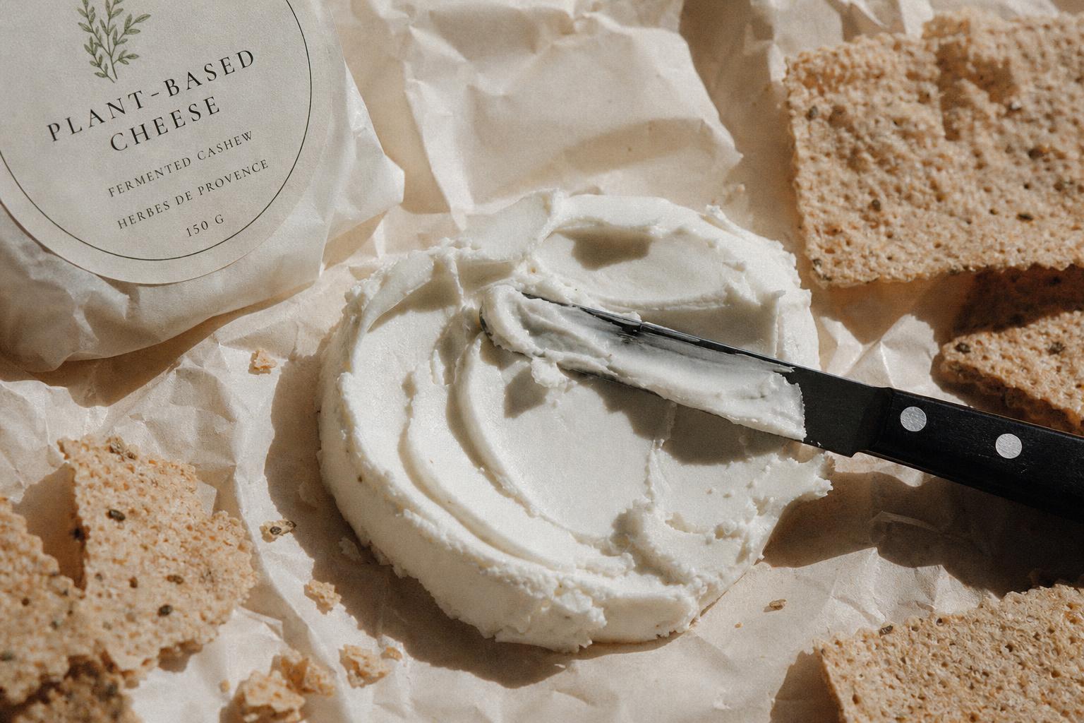 Matcha and plant-based cheese on a styled table